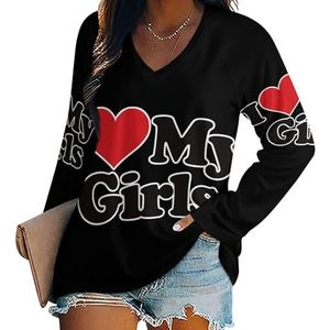 I Love My Girls Damesshirt met V-hals en lange mouwen, casual, losse pasvorm