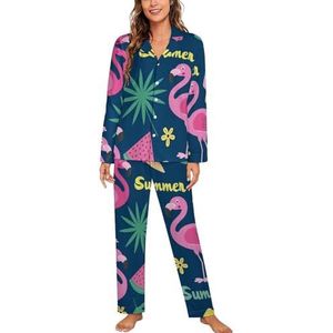 Tropisch Blad Flamingo-ijs Lange Mouw Pyjama Sets Voor Vrouwen Klassieke Nachtkleding Nachtkleding Zachte Pjs Lounge Sets