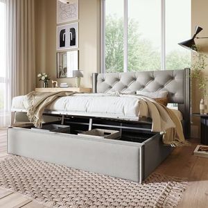 Aunvla Hydraulisch tweepersoonsbed, gestoffeerd bed, 140 x 200 cm, bed met lattenbodem van metalen frame, modern bedframe met opbergruimte, katoen, lichtgrijs