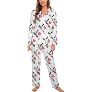 Funny I Love Nursing Vrouwen Lange Mouw Button Down Nachtkleding Zachte Nachtkleding Lounge Pyjama Set S