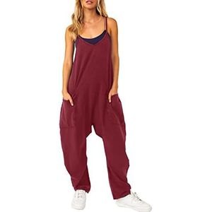 SAKEMA Dames jumpsuits, plus size moederschap jumpsuit, rekbare wijde pijpen jumpsuit met zakken voor vrouwen casual (L, wijnrood)