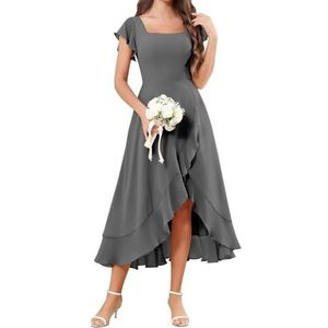 Korte Mouw Bruidsmeisje Jurken voor Bruiloft Hoge Lage Chiffon Formele Avond Party Maxi Gown Thee Lengte AH157, Grijs, 34