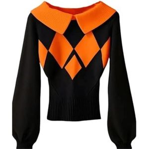 Dames Gebreide Trui Met Diamantpatroon, Warme Winterse Lange Mouwen en Slanke Trui for Casual en Kantoorkleding(Orange)