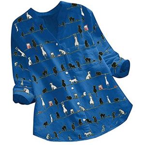 WAEKQIANG Stijlvolle vrouwen Linnen Blouse Elegante Kattenprint Blusas Vrouwelijke O Neck Button Shirts Zomer Tuniek Tops Plus Size 5XL Blusas - blauw - 5XL