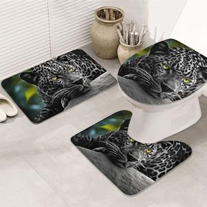 VTCTOASY Tropische jungle panter print badkamer tapijten sets 3-delige absorberende toiletdeksel antislip U-vormige contourmat voor toilet badkamer