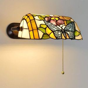 Tiffany Stijl Wandlamp Met Uittrekbare Schakelaar, Mediterrane Landelijke Bankier's Lamp, Met Gekleurde Glazen Lampenkap, E27 Retro Wandlamp