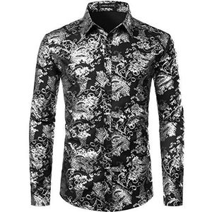 PARKLEES Luxe, goudkleurig, glanzend, paisley-print, stijlvol overhemd, slanke pasvorm voor heren, Zwart Zilver, L