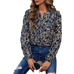 dames topjes Blouse met lantaarnmouwen en inkepingen (Color : Navy Blue, Size : L)