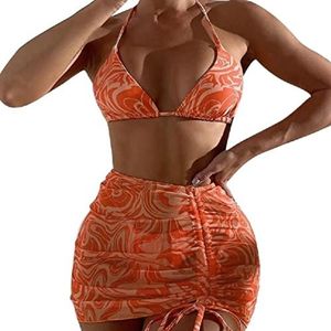 Vrouwen Drie-Stuks Sexy Halter Hals Hoog Gesneden Thong Badpak Push Up Bikini's Vastrijgen Badpak Strandkleding Gebreide Badmode Driedelige Bikini's Set Womens Beachwear Sets Zwemmen Rok Sets