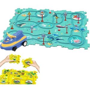 Puzzle Racer Kids Car Track Set, Puzzle Tracks with Vehicles, Puzzle Racer Car Track, Educational Puzzle Track Car Play Set, Puzzle Car Track Play Set for Kids Chirsmas Gift (25PCS,Ocean)