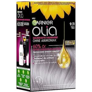 Garnier Olia Permanente haarkleur zonder ammoniak, met voedende en natuurlijke oliën, volledige grijze haardekking, permanente kleuring, nr. 9.11 koel zilver, 1 stuk
