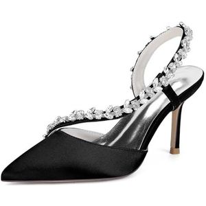 KYEGLO Satijnen Damessandalen Met Spitse Neus En Riempje - Gesloten Neus, Naaldhak Met Strass-Steentjes, Feestelijke Bruiloftsschoenen, Cadeaus Voor Dames,zwart,36 EU