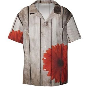 OdDdot Houten plank retro bloem rood dahlia print heren button down shirt korte mouw casual shirt voor mannen zomer business casual overhemd, Zwart, XXL