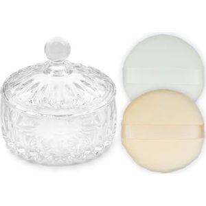 Body Powder Puff en Container, Crystal Dusting Poeder Container met Rookwolken, geribbelde deksel Body Powder Jar met 2 wasbare herbruikbare zachte poederdonsjes (groot formaat)
