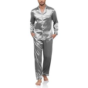 Reliwel Pyjama heren lange satijnen pyjama set tweedelige lange mouwen mouwen knoopsluiting huispak en pyjamabroek zijden pyjama nachtkleding mannen huispak sleepwear loungewear