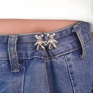 Cute Bear No-sew Waist Button, Adjustable Waist Tighten Waist Button, No Sewing Required, Perfect Fit Instant Jean Button, Adjustable Waist Buckle Extender for Women Skirt Pant Jeans (Color : Silver