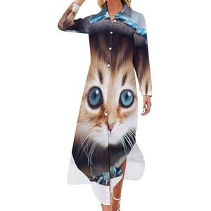 Schattige kat in jeans dames maxi-jurk lange mouwen knopen overhemd jurk casual feest lange jurken L