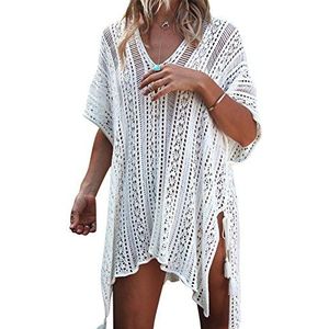 EDOTON Gebreide strandjurk voor dames, bikini-cover-up, zomer, strand, bedekking, bikiniblouse, A-wit, One size