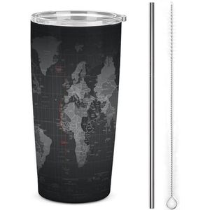 AQRJLPM Zwarte wereldkaart autobeker roestvrij stalen beker met rietje en deksels lekvrij geïsoleerde roestvrijstalen reiskoffiemok pobtable voor koude warme dranken kamperen