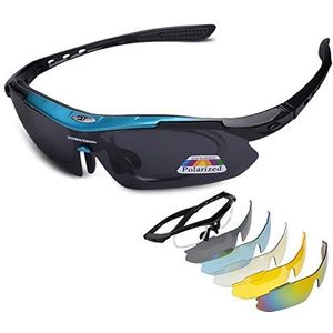 LumiSyne Sportbril gepolariseerde fietsbril voor heren en dames, met 5 verwisselbare glazen, UV 400-bescherming, superlicht montuur met zonnebrillenband voor sport, vrije tijd, fietsen, motorbril (blauw)