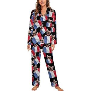 Franse Bulldog Frankrijk Vlag Lange Mouw Pyjama Sets Voor Vrouwen Klassieke Nachtkleding Nachtkleding Zachte Pjs Lounge Sets