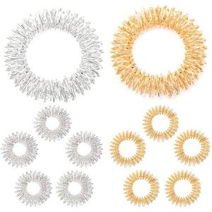 WOLMIK Massageset - 12 stuks vingermassageringen en armbanden, acupressuurringset voor stressvermindering, vinger- en polsmassageapparaat - goud, zilver