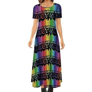 Autism Awareness Dames Zomer Casual Korte Mouw Maxi Jurk Ronde Hals Gedrukt Lange Jurken S