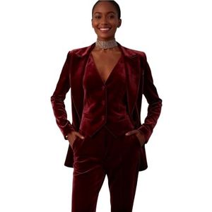 Dames 3-delig fluwelen pak piek revers mode outfits casual feest bruiloft blazer jas vest broek set, Bordeaux, XS
