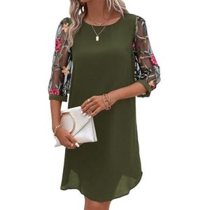 jurken voor dames Tuniekjurk met bloemenborduurwerk en mesh-mouwen (Color : Army Green, Size : XL)