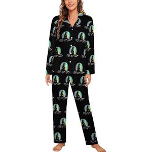 Mooie Zeemeermin En Maan Vrouwen Lange Mouw Button Down Nachtkleding Zachte Nachtkleding Lounge Pyjama Set XL