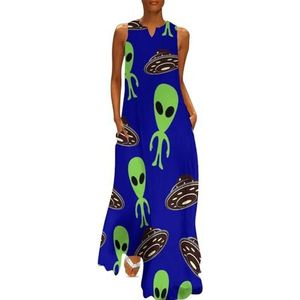 Groene UFO Aliens Womens Jurken V-hals Zonnejurk Zomer Mouwloos Strand Lange Jurk Vakantie M