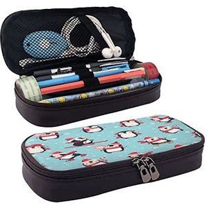 Grote Capaciteit Lederen Etui Tropische Boom Roze Briefpapier Potlood Tas Make-up Pouch Draagbare Kantoorbenodigdheden Tas voor Tieners Meisjes Volwassenen, Winter Kerstmis Pinguïns, Leather pencil case, Schoonheid Case