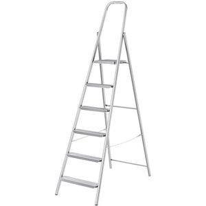 KADAX Eenzijdige stalen ladder met antislipvoeten, trapladder, ladder met plank, trapladder, vouwladder, huishoudladder met brede treden (6 treden)