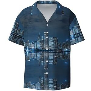 OdDdot Chicago Overhemden met reflecterende print voor heren, atletisch, slim fit, korte mouwen, casual zakelijk overhemd met knopen, Zwart, S