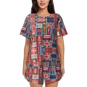 Engeland Symbolen Print Dames Zomer Zachte Tweedelige Bijpassende Outfits Korte Mouw Pyjama Lounge Pyjama Sets, Zwart, XL