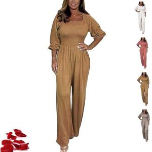 Mauken Jumpsuit Casual Solid Color Women's Jumpsuit Loose Elastic Waist Wide Leg,Smocked Jumpsuit Women (Large,Khaki)