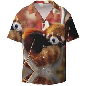 Rode panda-print herenoverhemden atletisch slim fit casual zakelijk overhemd met korte mouwen, Zwart, 3XL