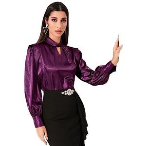 dames topjes Satijnen blouse met opengewerkte hals en mouwen (Color : Purple, Size : Small)