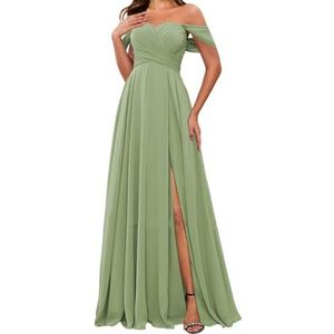 HPPEE Off-shoulder chiffon bruidsmeisjesjurken met split voor vrouwen mouwloze strapless avond formele jurk, Stoffige Salie, 32
