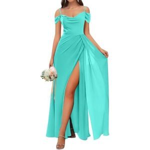 WSEYU Chiffon Bruidsmeisjes Jurken Spaghetti Bandjes Prom Jurken Koude Schouder Formele Avond Party Gown ZM202, Turkoois, 32
