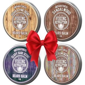 Viking Revolution Beard Balm For Men (4x28g) Variety Pack - Sandalwood, Pine & Cedar, Bay Rum, Clary Sage Beard Wax For Men - Styles, Strengthens & Softens For Healthy Beards Gifts for Men