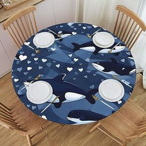 Rond tafelkleed met blauwe orkenvis, waterdicht en afveegbaar met elastische randen, geschikt voor het decoreren van ronde tafels.