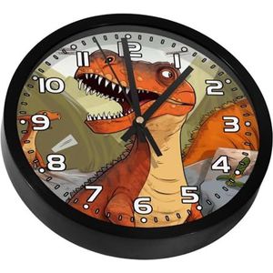 YTYVAGT Wandklok, klokken voor woonkamer, werkt op batterijen, dinosaurus en vulkaan, ronde stille klok 9,8 inch