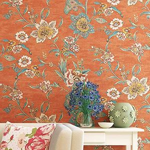 GLOW4U Oranje Vintage Bloemen Contact Papier Retro 70s Land Peel en Stick Bloem Behang voor Keuken Backsplash Slaapkamer Muur Decor 53 cm x 297 cm