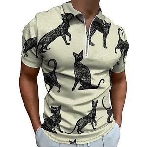 Zwarte katten poloshirt voor mannen casual T-shirts met rits kraag golf tops slim fit