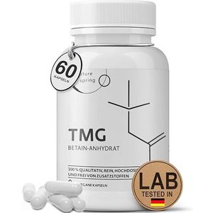 Nature spring® TMG betaïne capsules, veganistische premium TMG-capsules, 500 mg watervrij betaïne (trimethylglycine) per capsule, zeer zuiver, betaïne anhydrous (60 stuks (1 stuk))
