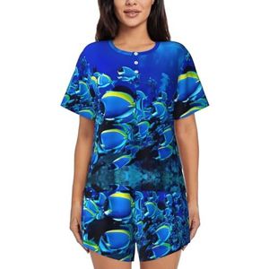 YJxoZH Blauwe Vissen Oceaan Print Vrouwen Zomer Pyjama Sets Nachtkleding Dames Korte Mouw Nachtkleding Pjs Lounge Met Zakken, Zwart, 3XL