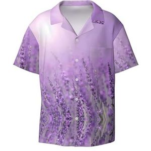 Romantische Paarse Lavendel Print Heren Jurk Shirts Casual Button Down Korte Mouw Zomer Strand Shirt Vakantie Shirts, Zwart, 4XL