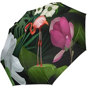 Bloemblad tropische flamingo automatische opvouwbare paraplu UV-bescherming Auto Open Sluiten Vouwen Winddicht Zonneblokkering voor Reizen Strand Vrouwen Kinderen