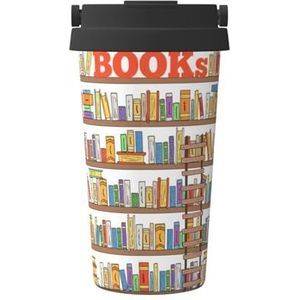 EdWal Grappige boekenplanken collectie en ladderprint 500 ml koffiemok, geïsoleerde campingmok met deksel, reisbeker, geweldig voor elke drank